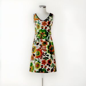 Boden Retro 60s Floral Shift Dress - Vibrant Green Orange Flower Print - Size 6